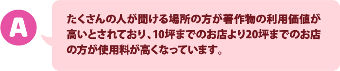 たくさんの人が聞ける場所の方が著作物の利用価値が高いとされており、10坪までのお店より20坪までのお店の方が使用料が高くなっています。