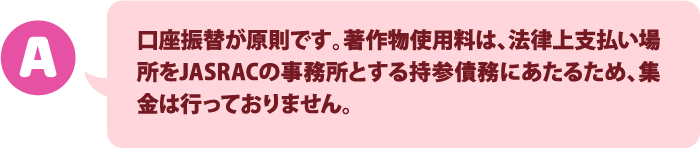 口座振替が原則です。著作物使用料は、法律上支払い場所をJASRACの事務所とする持参債務にあたるため、集金は行っておりません。