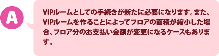 VIPルームとしての手続きが新たに必要になります。また、VIPルームを作ることによってフロアの面積が縮小した場合、フロア分のお支払い金額が変更になるケースもあります。