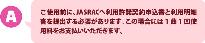 使用した分だけお支払いになる場合は、1曲1回の使用料を、その都度事前に申請する必要があります。